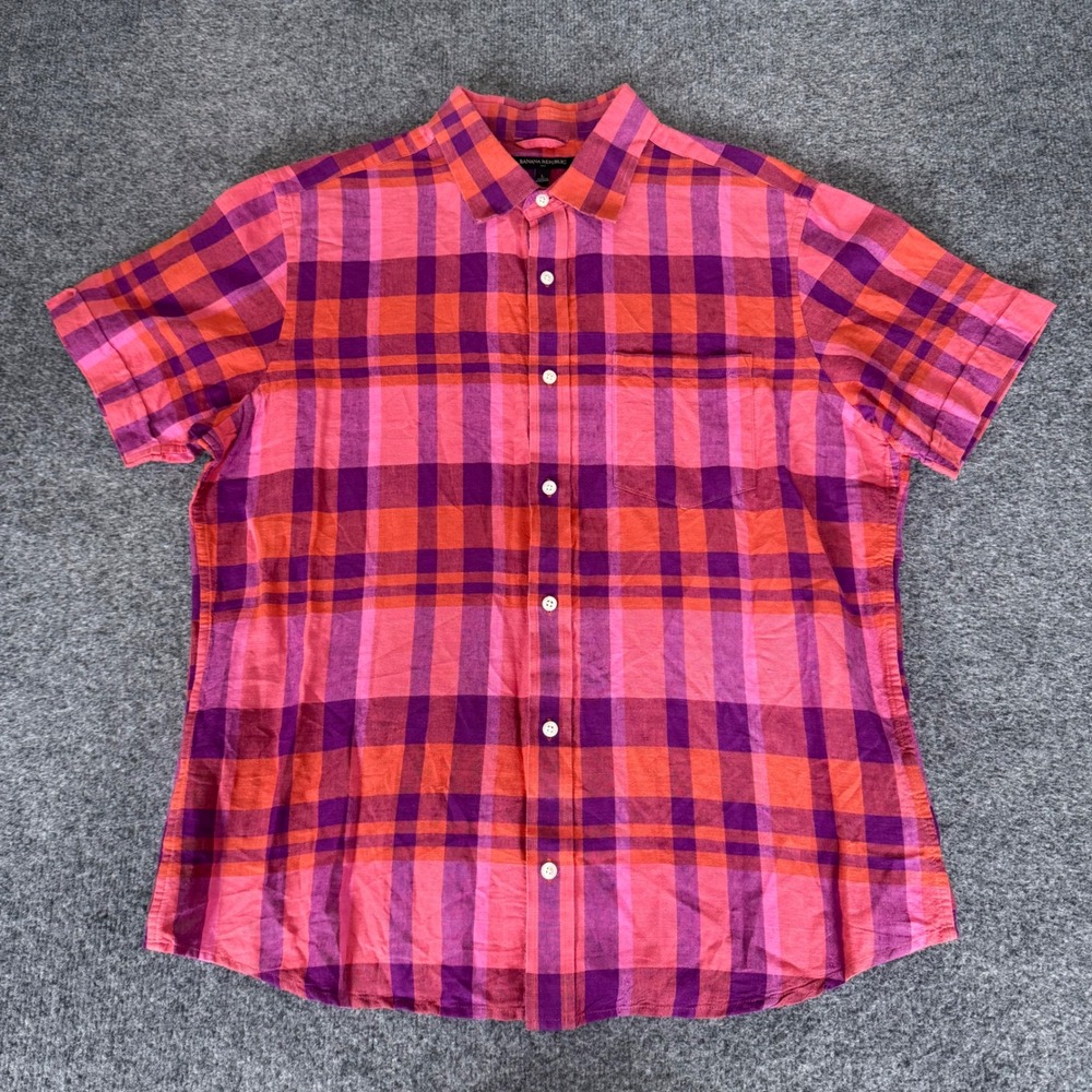 Banana Republic Men Large Plaid Linen Cotton Short Sleeve Button Up Shirt Summer